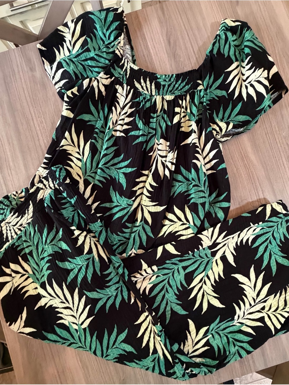 Tropical Leaf Off-Shoulder Jumpsuit - Black, Green & Cream by JoySpun.